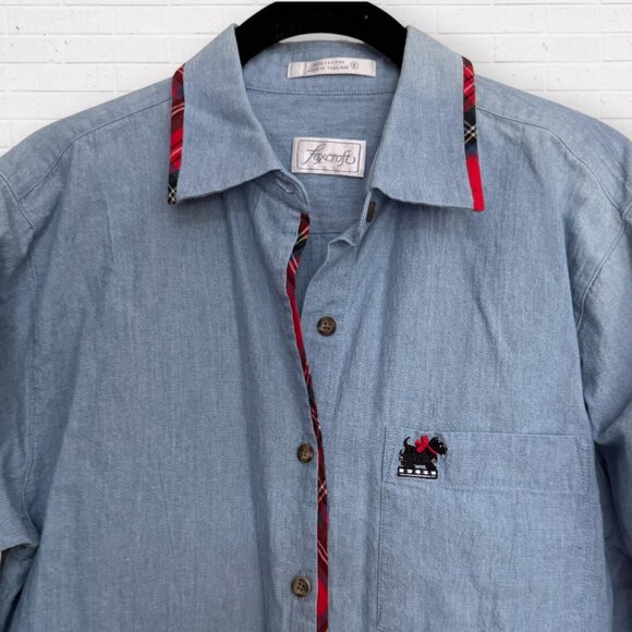 FOXCROFT Vintage 90s Chambray Red Holiday Plaid Trim Scottie Dog Embroidery Top - Picture 2 of 5
